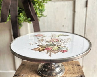 Antique German Floral Botanical Transferware Pedestal Cake Stand Cake Plate Kitchen Bakery Party Wedding Decor Cake Accessory