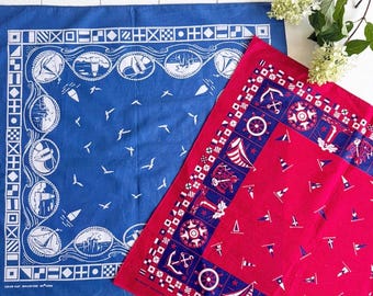 Vintage Wamcraft Nautical Bandana, Red Blue Cotton Sailboat Lighthouse Anchor Theme