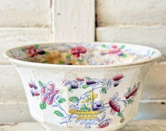 Antique Staffordshire Waste Bowl | Hand-Colored Floral Transferware, Victorian Tea Table Dish