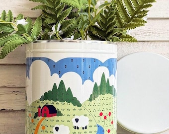 Vintage Metal Canister Farm Barn Pastoral Scene Nina 1982 Countryside Farmhouse Decor Lidded Storage