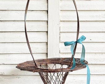 Antique Victorian Wire Funeral Basket Florist Frame Pedestal Plant Stand Wirework Footed Flower Basket