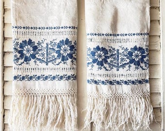 Pair of Antique Blue Work Towel Jacquard Linen Damask with Fringe European Show Towel