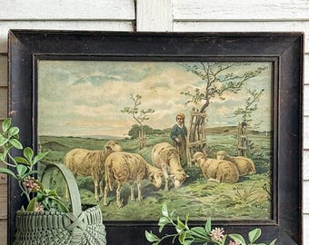 Antique French F. Brissot Pastoral Lithograph Print | Sheep Landscape Wall Art, Farmhouse Decor