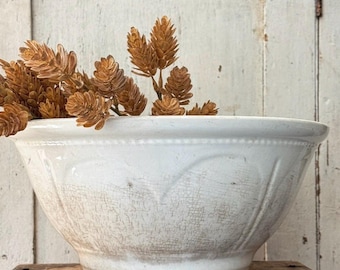 Antique Ironstone Heart Bowl 12”  Primitive Mixing Bowl Stained and Crazed Farmhouse Kitchen