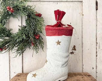 Large Vintage Paper Mache Pulp Paper Santa Claus Boot Candy Container Christmas Holiday Decoration