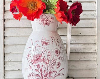 Antique Poppy Poppies Rec Transferware Ironstone Pitcher