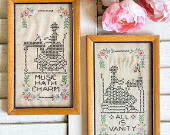 Antique Cross Stitch Motto Samplers: Music Hath Charm, All is Vanity (Pair)