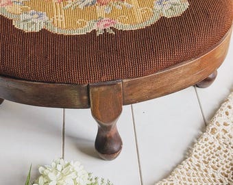 Vintage Needlepoint Stool Bench Ottoman Furniture Cottage Style Floral Flowers Handmade Embroidery Cottage Decor