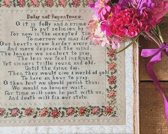 Antique Perforated Punched Paper Sampler Victorian Needlework Folk Art Framed Hand Stitched Religious Hymn "Delay Not Repentance”