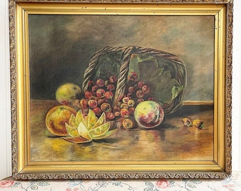 Antique Oil Painting on Canvas Still Life Fruit Nailed Original Artwork Framed Art Hand Painted Cottage Cottagecore Decor