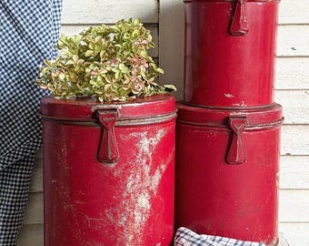 Antique Kreamerware Red Nesting Kitchen Canisters Set of 3 Gravity Drop Latches