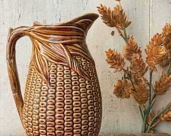 Antique 1880s Etruscan Majolica Corn Pitcher Jug Pottery Brown Amber Glaze