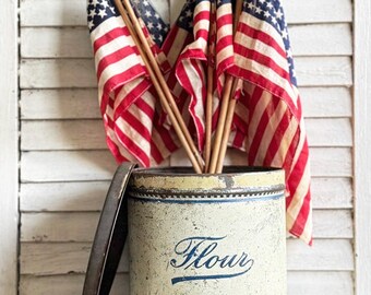 Antique Flour Tin Canister Metal Depression Era Kitchen Storage Lidded