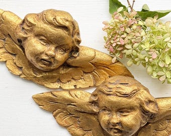 Pair Antique Italian Giltwood Cherub Angels Wall Plaques, Baroque Putti (10" Wide)