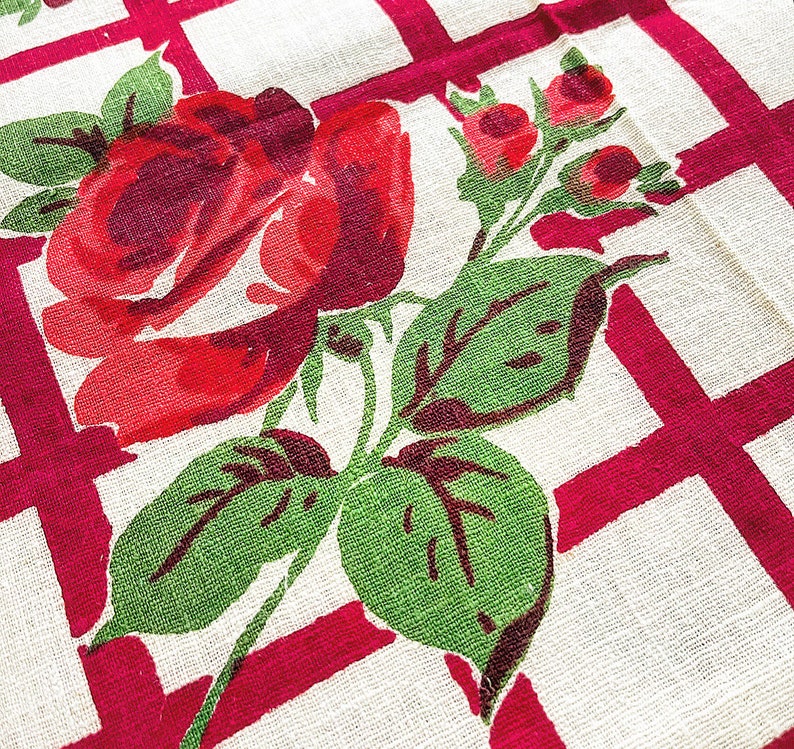 Vintage Pair of Vintage Roses Table Runners Red and White Plaid Gingham Textiles Linens Cotton 1950s Kitchen image 2