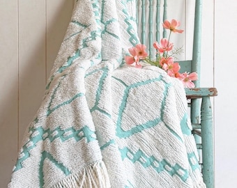 RESERVED Pristine Vintage Chenille Bedspread New Old Stock (NOS) Mid-Century Geometric Star Aqua Turquoise Chenille Bedspread Bedding