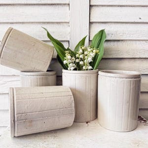 May include: A collection of off-white, ribbed ceramic pots of varying sizes, some lying on their sides. One pot holds a bouquet of white flowers with green leaves. The pots are arranged on a distressed white surface.