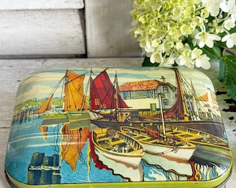 Vintage Blue Bird Toffee Tin Box Empty England 1950s Coastal Harbor Scene Advertisement