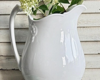 Antique White Ironstone Pitcher, Sampson Bridgwood Rope Cable Ewer, Victorian Staffordshire England