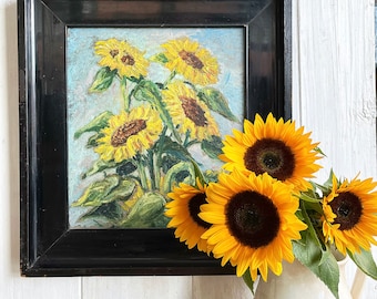 Antique Sunflowers Oil Painting Flowers Floral Bouquet Still Life Original Artwork Framed Art Hand Painted Cottage Cottagecore Decor