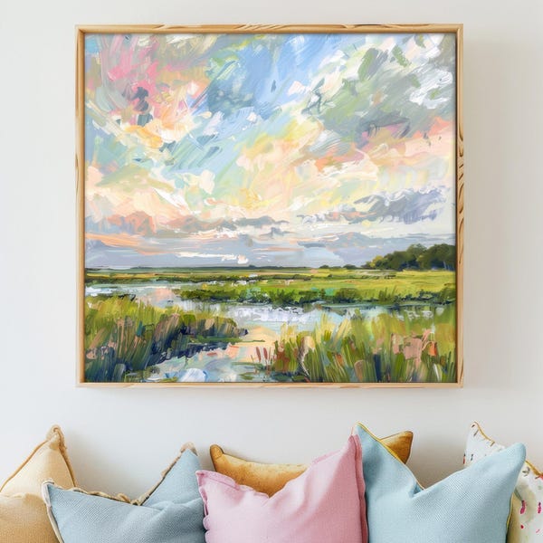 Coastal Marsh Diptych Art Print, Pastel Sunset Landscape, Giclée Set of 2