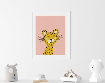 Leopard Illustration, kids room wall art, animal art nursery, play room art, orange and pink, nursery decor, kids room decor, tiger, jungle