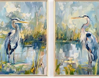 Blue Heron Marsh Paintings, Abstract bird painting, bird oil painting, lowcountry, grandmillenial art, coastal, coordinating wall art
