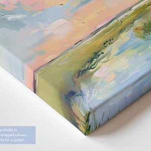 Op de afbeelding: Close-up van een gallery-wrapped canvas kunstwerk. De schildering toont een landschap met pastelkleuren, waaronder roze, geel, groen en blauw. Het canvas is 3,8 cm dik. De tekst op de afbeelding luidt: "Also available in 1.5" gallery wrapped canvas. Message me for a quote!"