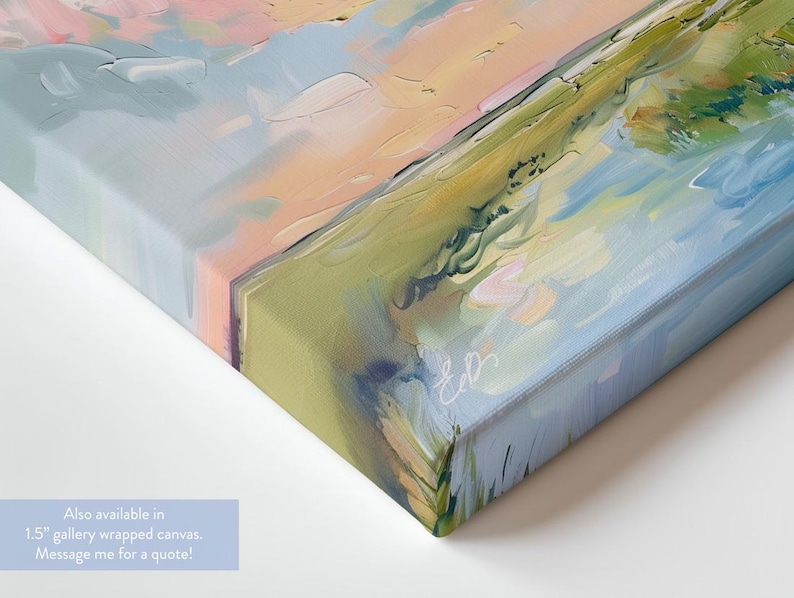 Op de afbeelding: Close-up van een gallery-wrapped canvas kunstwerk. De schildering toont een landschap met pastelkleuren, waaronder roze, geel, groen en blauw. Het canvas is 3,8 cm dik. De tekst op de afbeelding luidt: "Also available in 1.5" gallery wrapped canvas. Message me for a quote!"