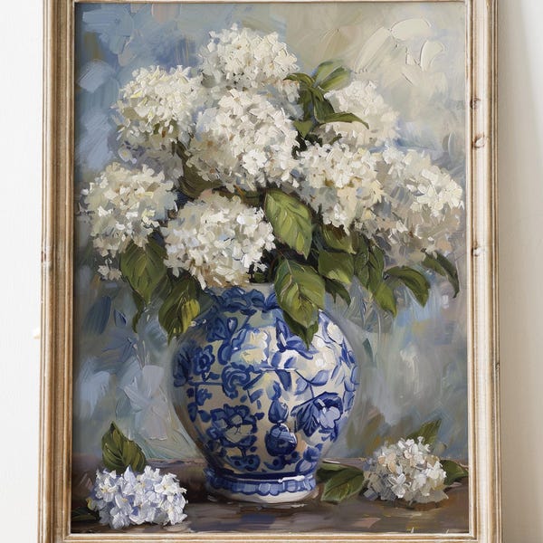 FINE ART PRINT Blue & white ginger jar, hydrangeas, chinoiserie, flower oil painting, southern, grandmillenial print, coastal grandmother