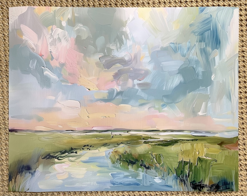 FINE ART PRINT Lowcountry Marsh Painting, Abstract landscape painting of sky, sunset, grandmillenial art, Charleston, landscape oil painting afbeelding 3