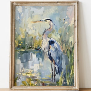 FINE ART PRINT Blue Heron Marsh Painting, Abstract bird painting, bird oil painting, lowcountry, grandmillenial art, coastal grandmother