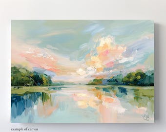 May include: An oil painting on canvas depicting a landscape with a calm body of water reflecting a sky filled with soft pink, peach, and light blue clouds. Dark green trees line the horizon, and the brushstrokes are visible and textured.