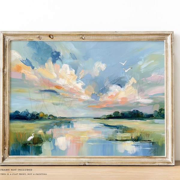 Coastal Marsh Sunset Giclee Print Canvas | Abstract Landscape Wall Art | Sunset over Marsh | Heron Bird Print | Charleston Low Country