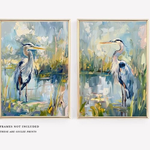 Blue Heron Marsh Paintings, Abstract bird painting, bird oil painting, lowcountry, grandmillenial art, coastal, coordinating wall art