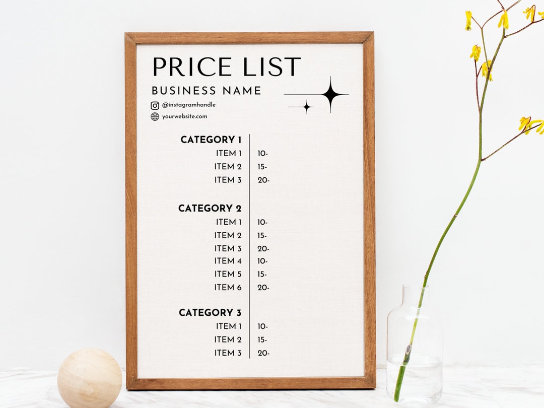 Printable Price List, Editable Price List, Pricing Sign, Price List for