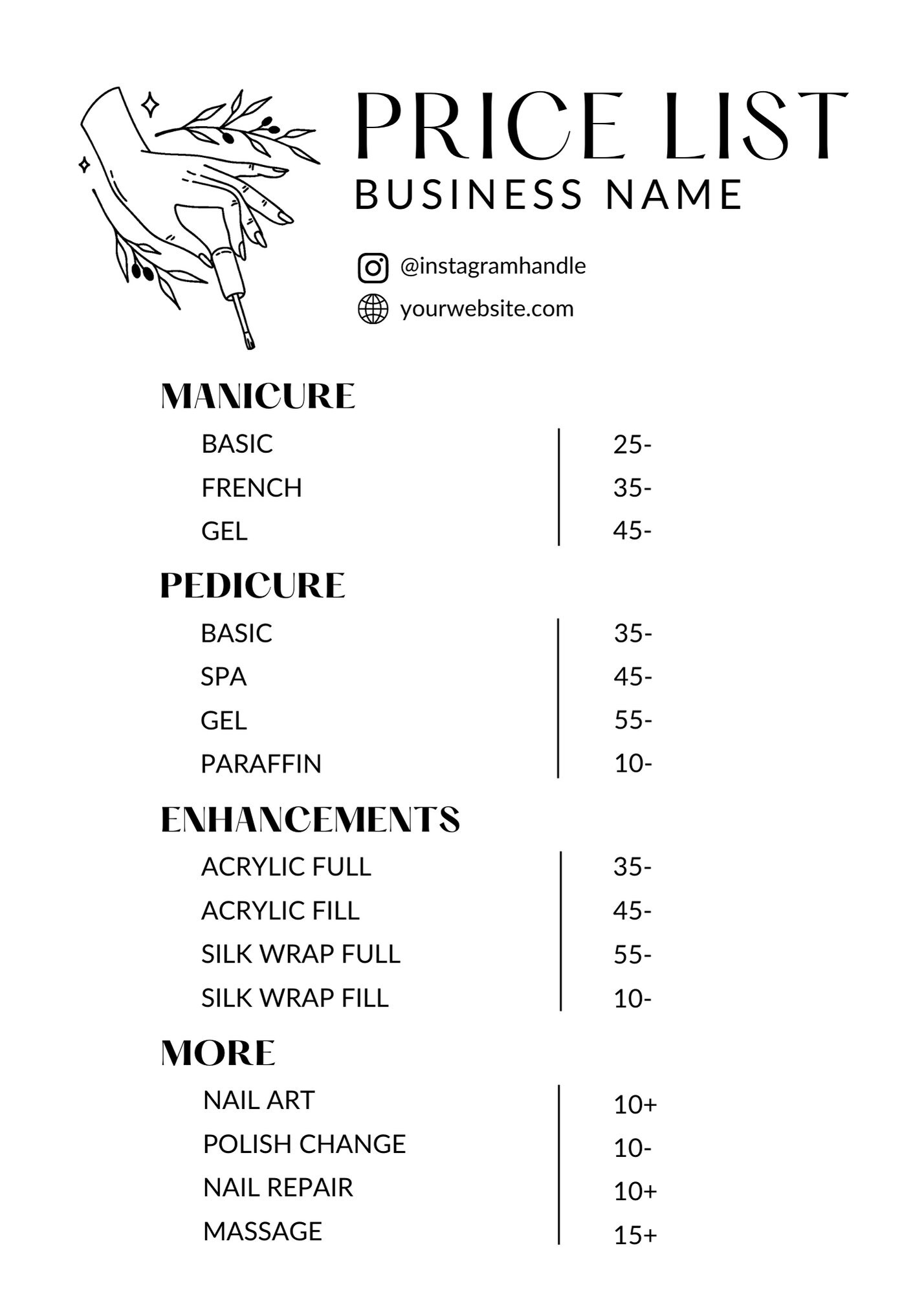 Nail Price List, Template, Editable Price List, Price List Sign, Modern ...