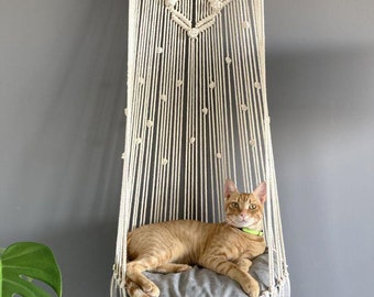 マクラメ猫用ハンモック、キャットツリー、吊り下げ式猫用ベッド
