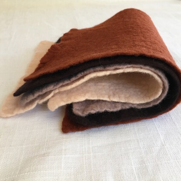 Felt Sampler - 4 small sheets -copper brown, dark brown, twig brown, blush - 100% Merino Wool Felt - Hand Felted - 5 X 8 inches or larger