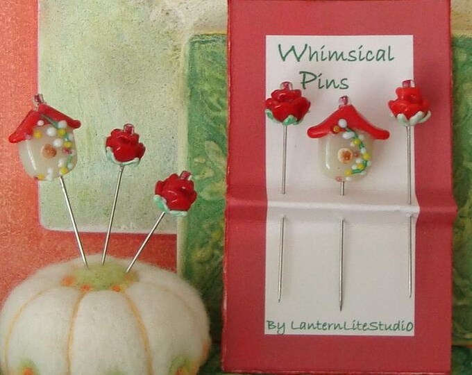 Decorative Pins 3 Whimsical Glass Straight Pins Birdhouse and Flowers