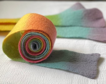 rainbow hand dyed felt - extra long - rainbow dyed - 60 inches long - 3 inches wide - hand dyed and felted
