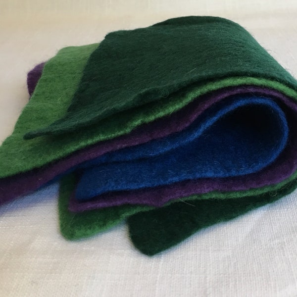 Felt Sampler - 4 small sheets - royal blue, purple, green, forest green - 100% Merino Wool Felt - Hand Felted - 5 X 8 inches or larger