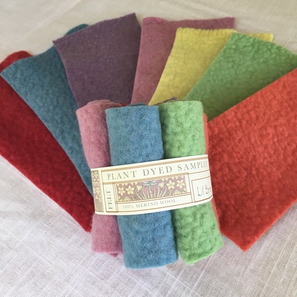 Plant Dyed Wool Felt Sampler / 100% Merino Wool / 7 Plant dyed colors / hand dyed and felted