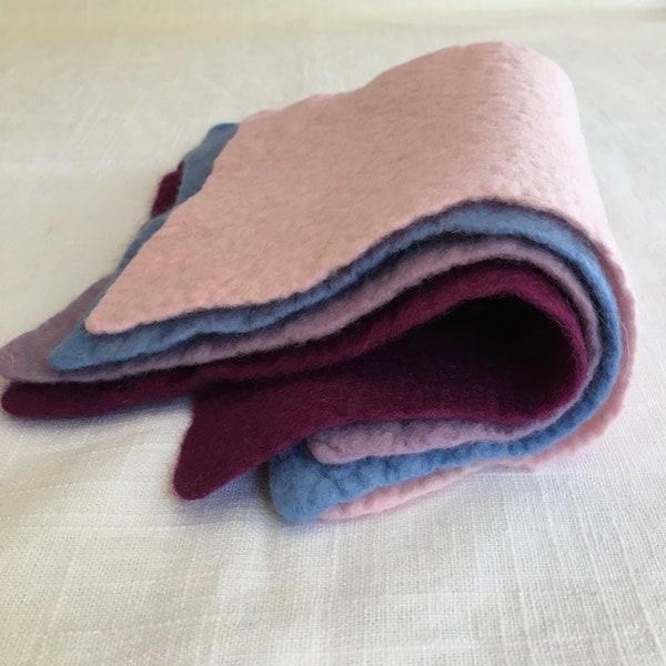 Felt Sampler - 4 small sheets - light pink, sky blue, lavender, eggplant purple - 100% Merino Wool Felt Hand Felted - 5 X 8 inches or larger