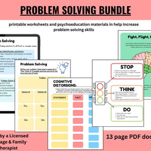 Könnte beinhalten: Ein druckbares Problem-Lösungs-Paket mit Arbeitsblättern und psychoedukativen Materialien, um die Problemlösungsfähigkeiten zu verbessern. Das Paket enthält Arbeitsblätter zur Problemidentifizierung und -lösung, kognitiven Verzerrungen und der Kampf-, Flucht- oder Erstarrungsreaktion. Der Text "13-seitiges PDF-Dokument" ist im Bild enthalten.