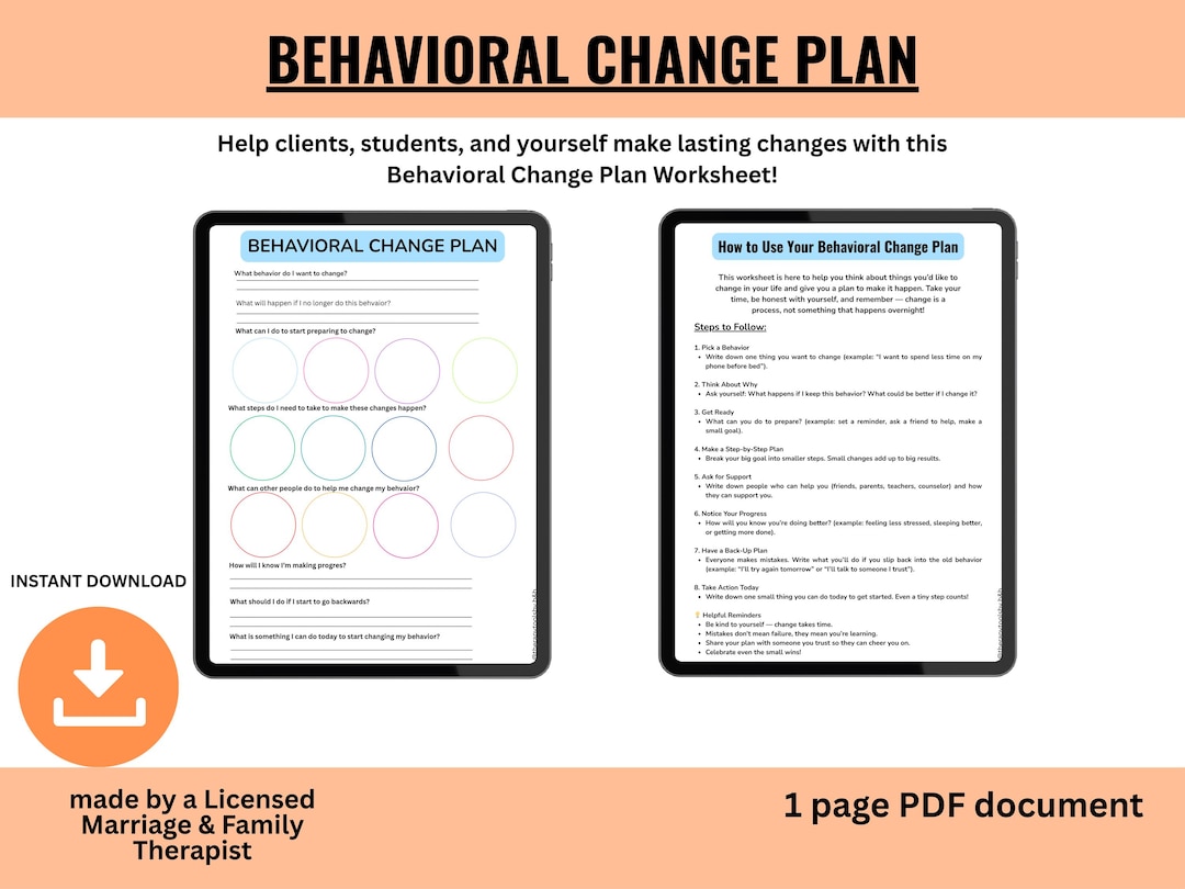 Behavioral Change Plan Worksheet | CBT Counseling Tool for Teens and ...