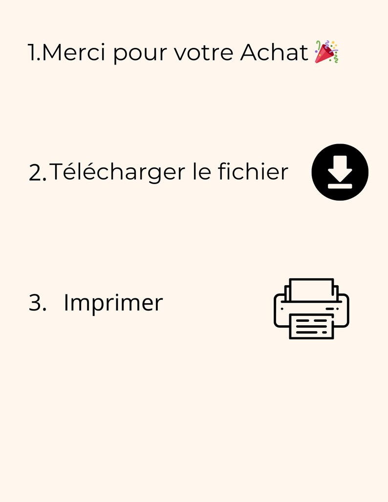 Puede incluir: Una gu&iacute;a de tres pasos para descargar e imprimir un archivo digital. Los pasos son: 1. Gracias por su compra, 2. Descargue el archivo, y 3. Imprima el archivo. La imagen incluye un icono de serpentina, un icono de descarga y un icono de impresora.