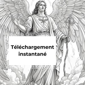 Puede incluir: Una ilustraci&oacute;n en blanco y negro de un &aacute;ngel con grandes alas, sosteniendo un bast&oacute;n. El &aacute;ngel est&aacute; de pie sobre una nube con una pancarta blanca que dice "T&eacute;l&eacute;chargement instantan&eacute;".