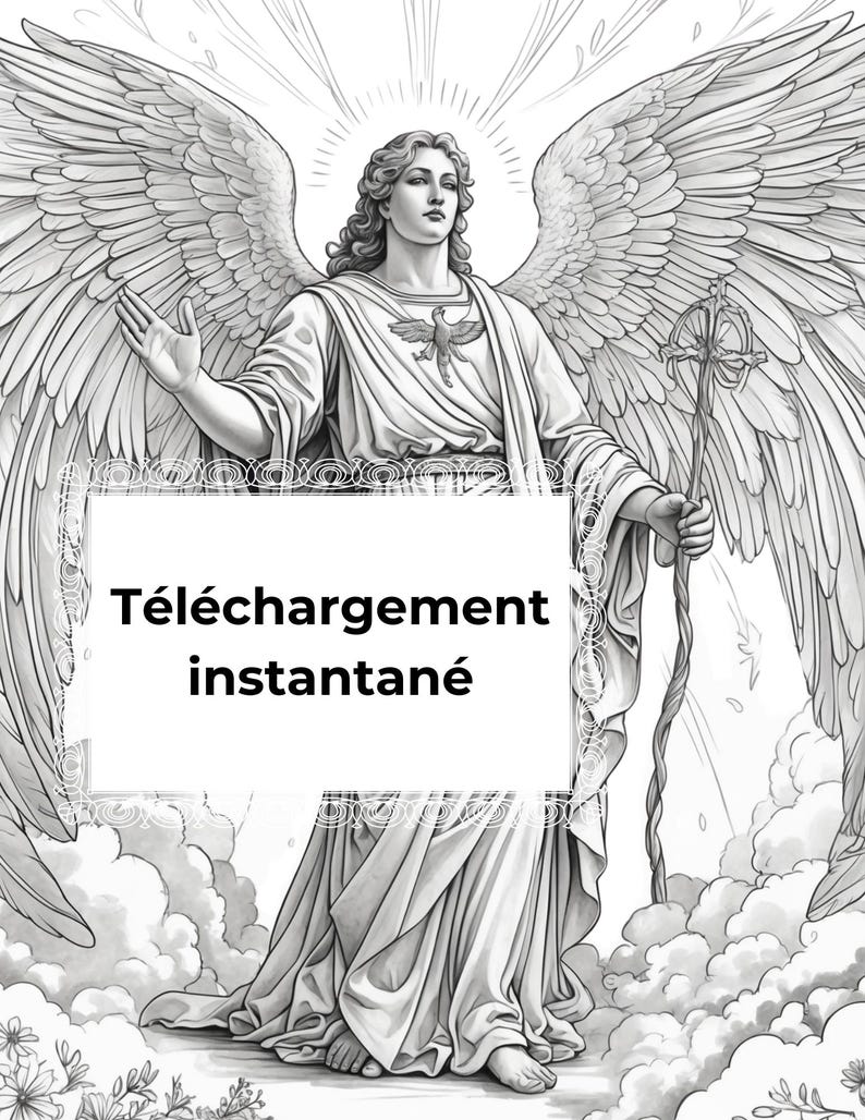 Puede incluir: Una ilustraci&oacute;n en blanco y negro de un &aacute;ngel con grandes alas, sosteniendo un bast&oacute;n. El &aacute;ngel est&aacute; de pie sobre una nube con una pancarta blanca que dice "T&eacute;l&eacute;chargement instantan&eacute;".