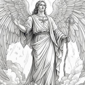 Puede incluir: Un dibujo en blanco y negro de un &aacute;ngel con grandes alas, un halo y un bast&oacute;n. El &aacute;ngel est&aacute; de pie sobre una nube con flores en la parte inferior de la imagen.